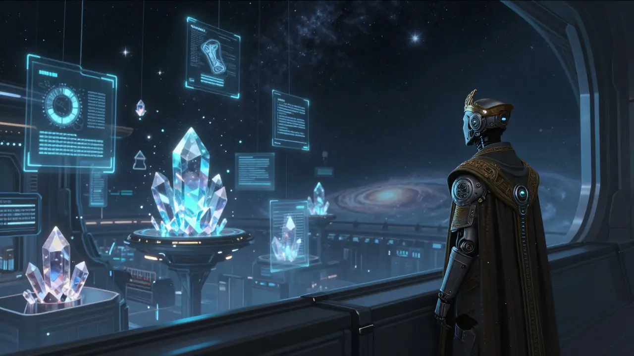 A futuristic governor observing a fading galaxy from a spaceship bridge.