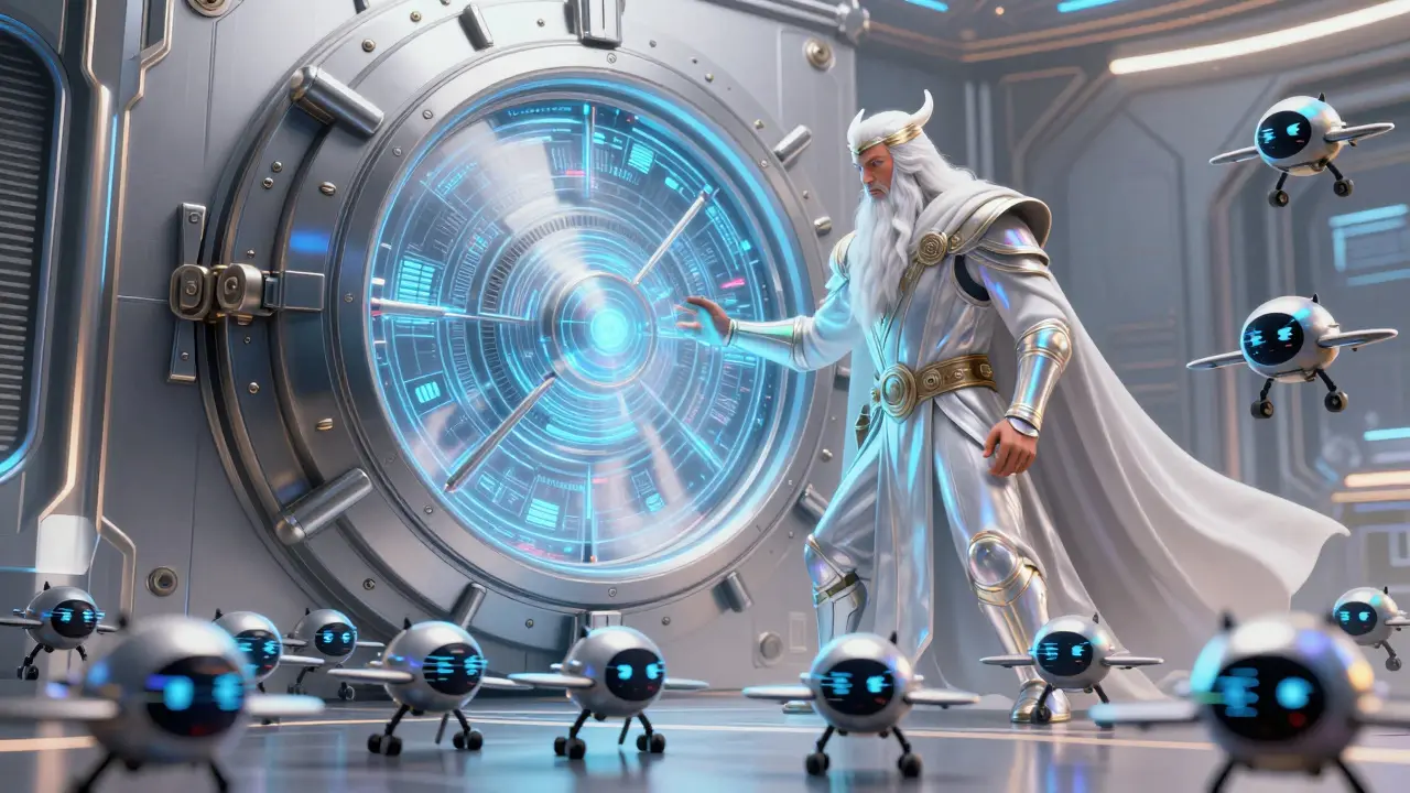 A galactic guardian protecting a secure digital vault from glitchy drones