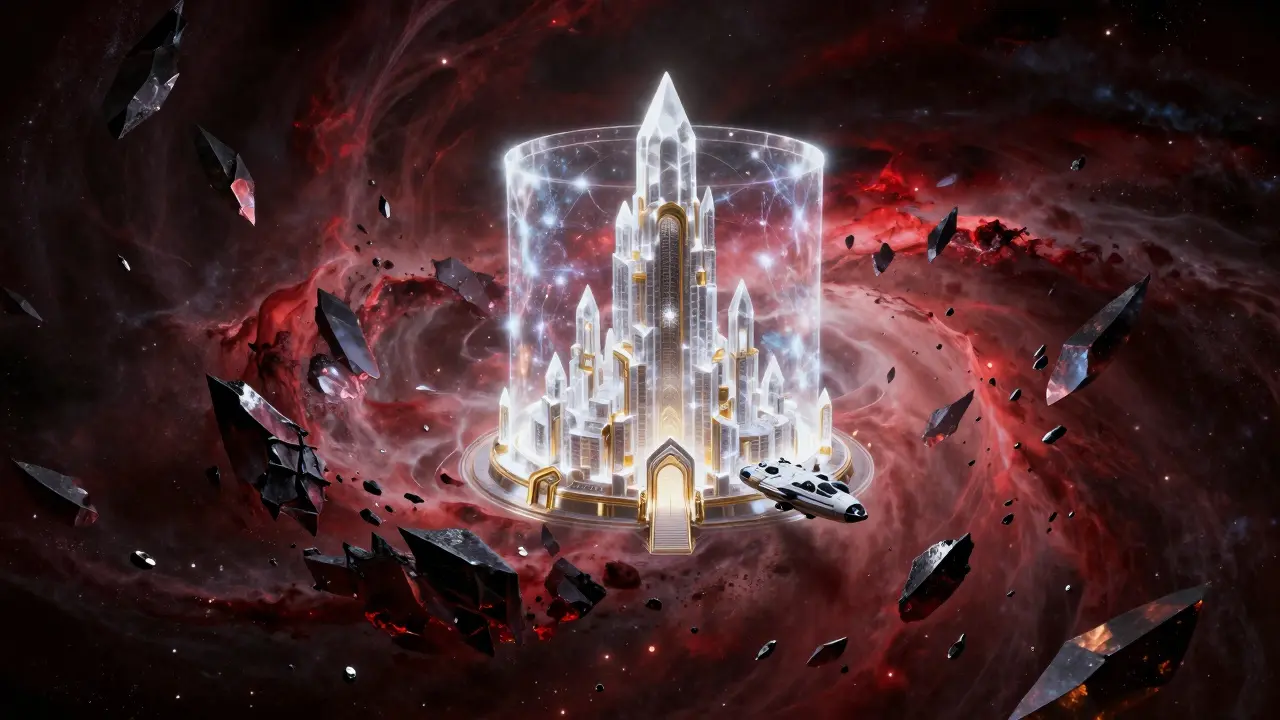 A gleaming crystalline fortress protected by a shield in a dark cosmic nebula