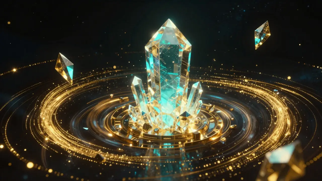 A glowing crystal structure surrounded by golden data streams in deep space