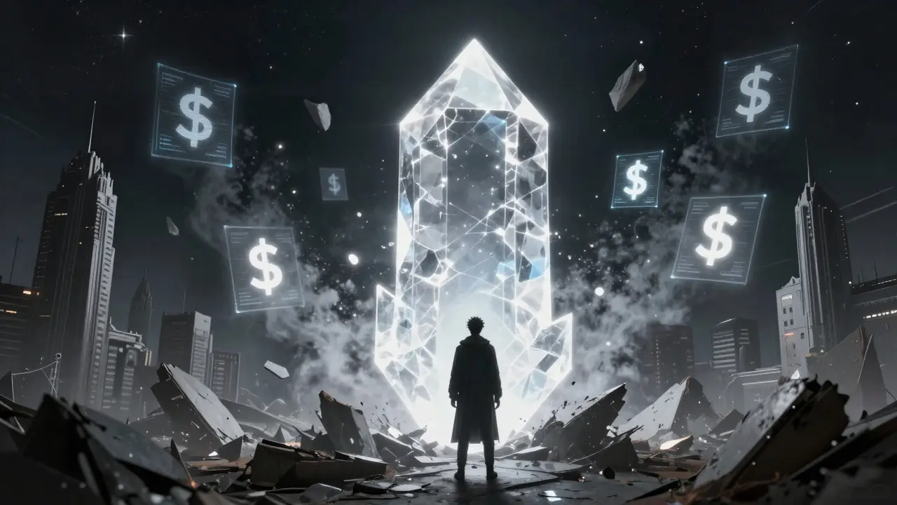 A glowing crystalline core providing stability amidst dissolving holographic currency.