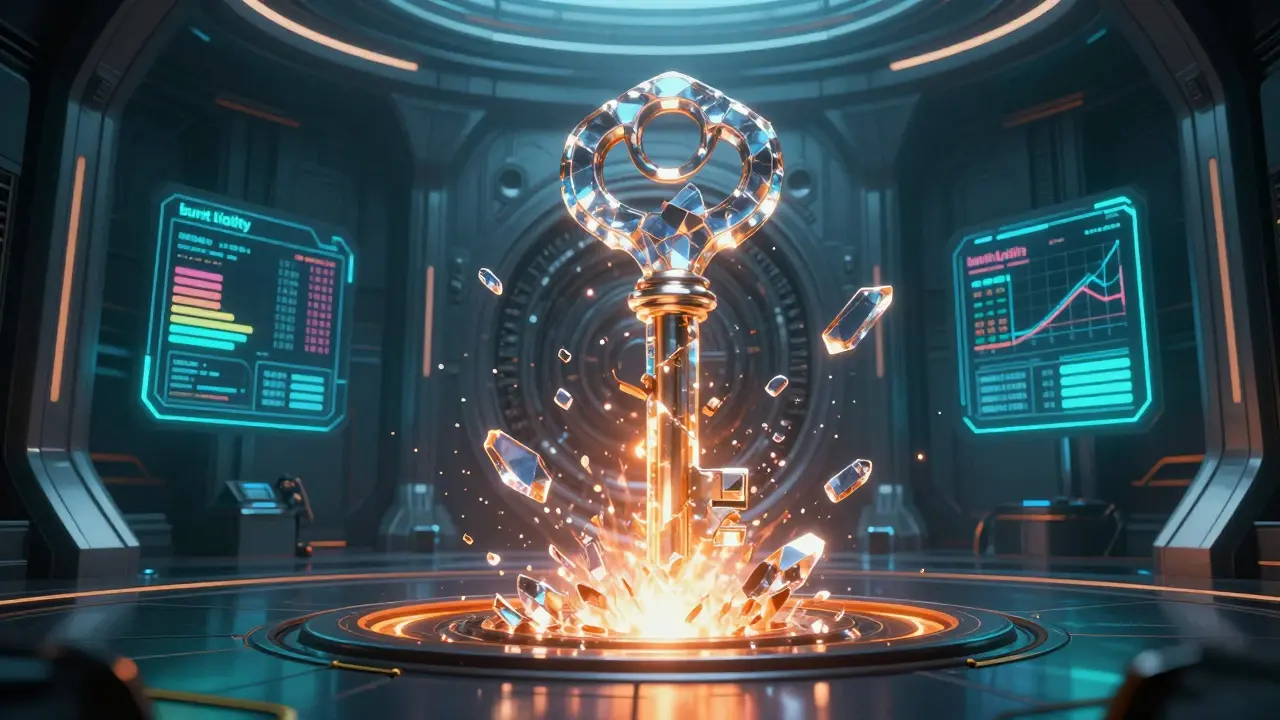 A glowing crystalline key shattering in a futuristic galactic vault.