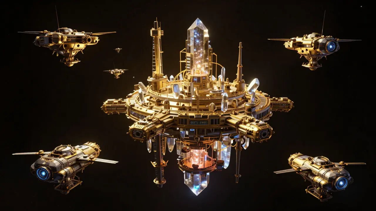 A massive crystalline mining station and drones in a galactic asteroid belt