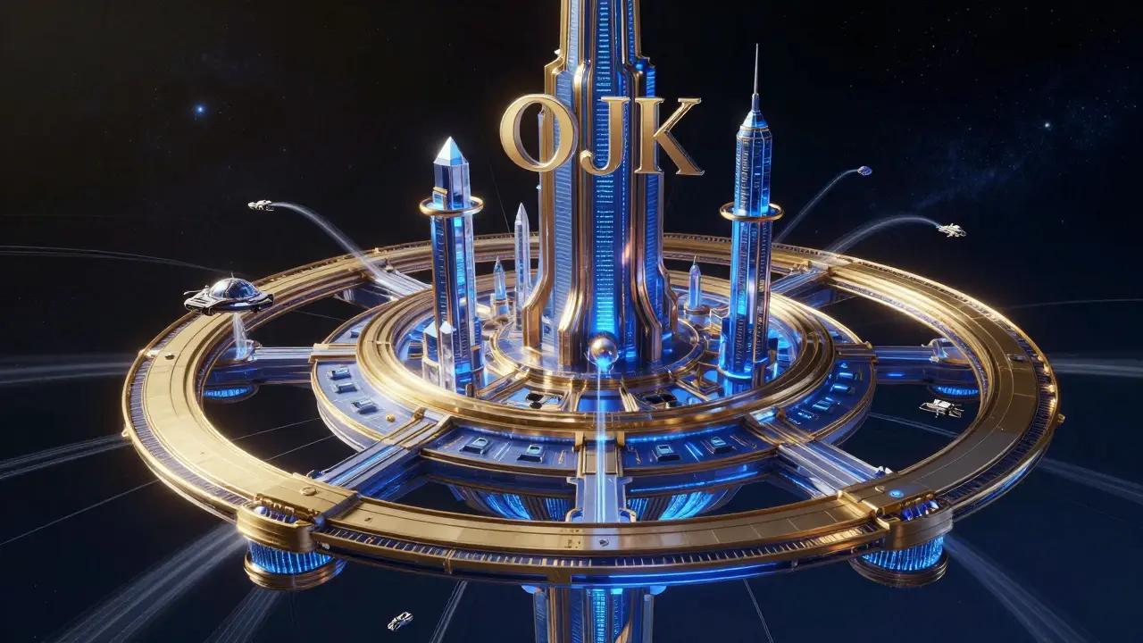 A massive golden orbital citadel representing a regulated digital financial center in space.