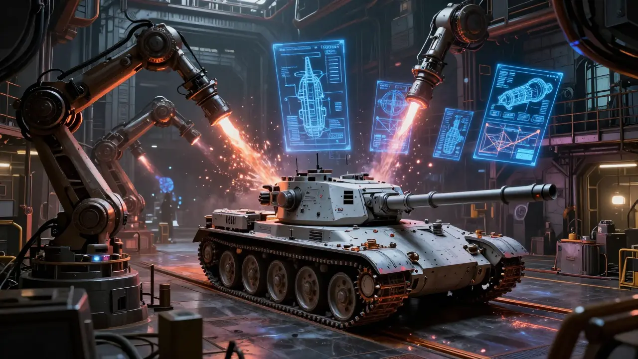 A modular tank being constructed in a high-tech galactic shipyard