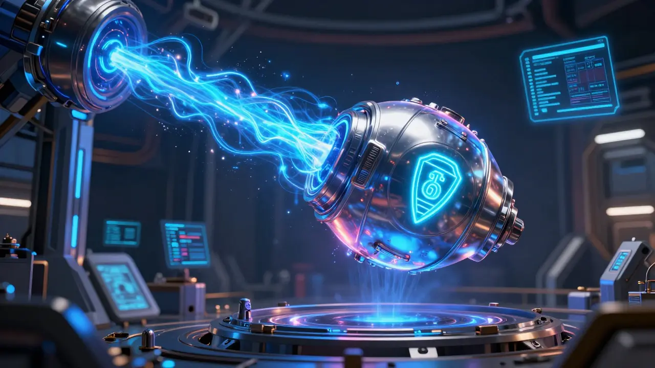 A sci-fi crystalline chamber wrapping solar plasma into a sleek metallic token capsule.