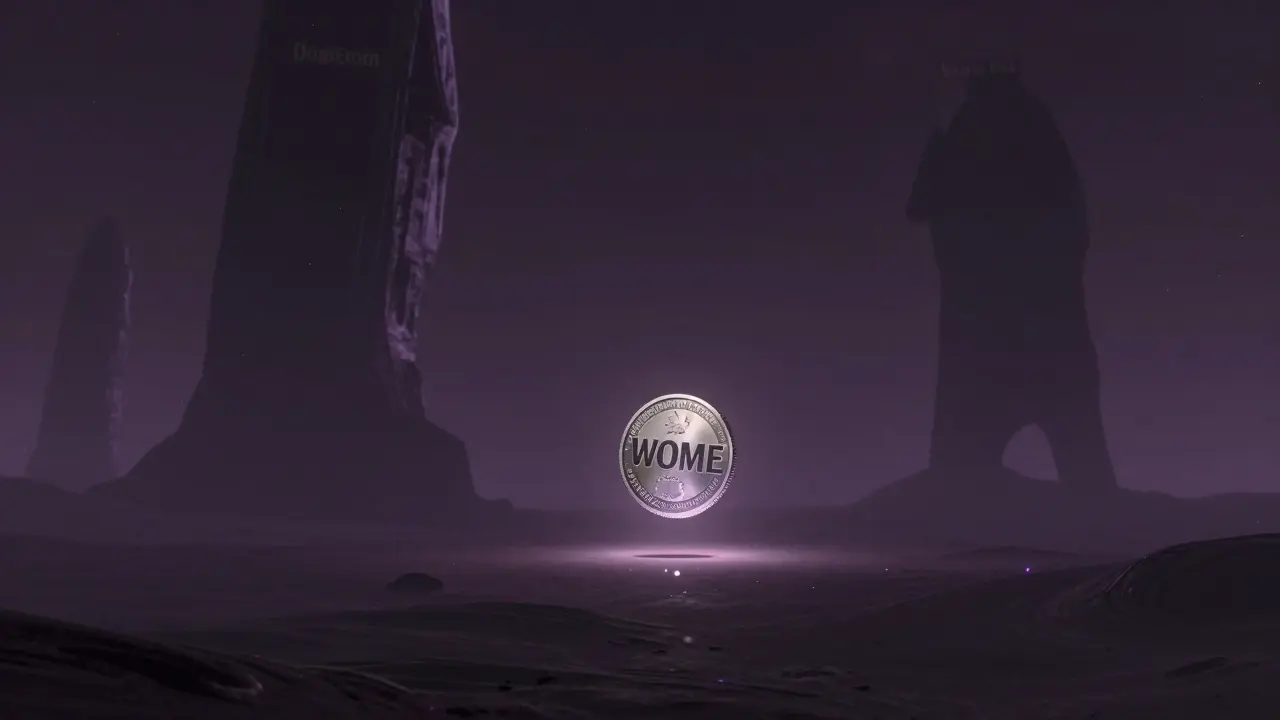 A small holographic coin floating in a vast void next to giant celestial shadows.