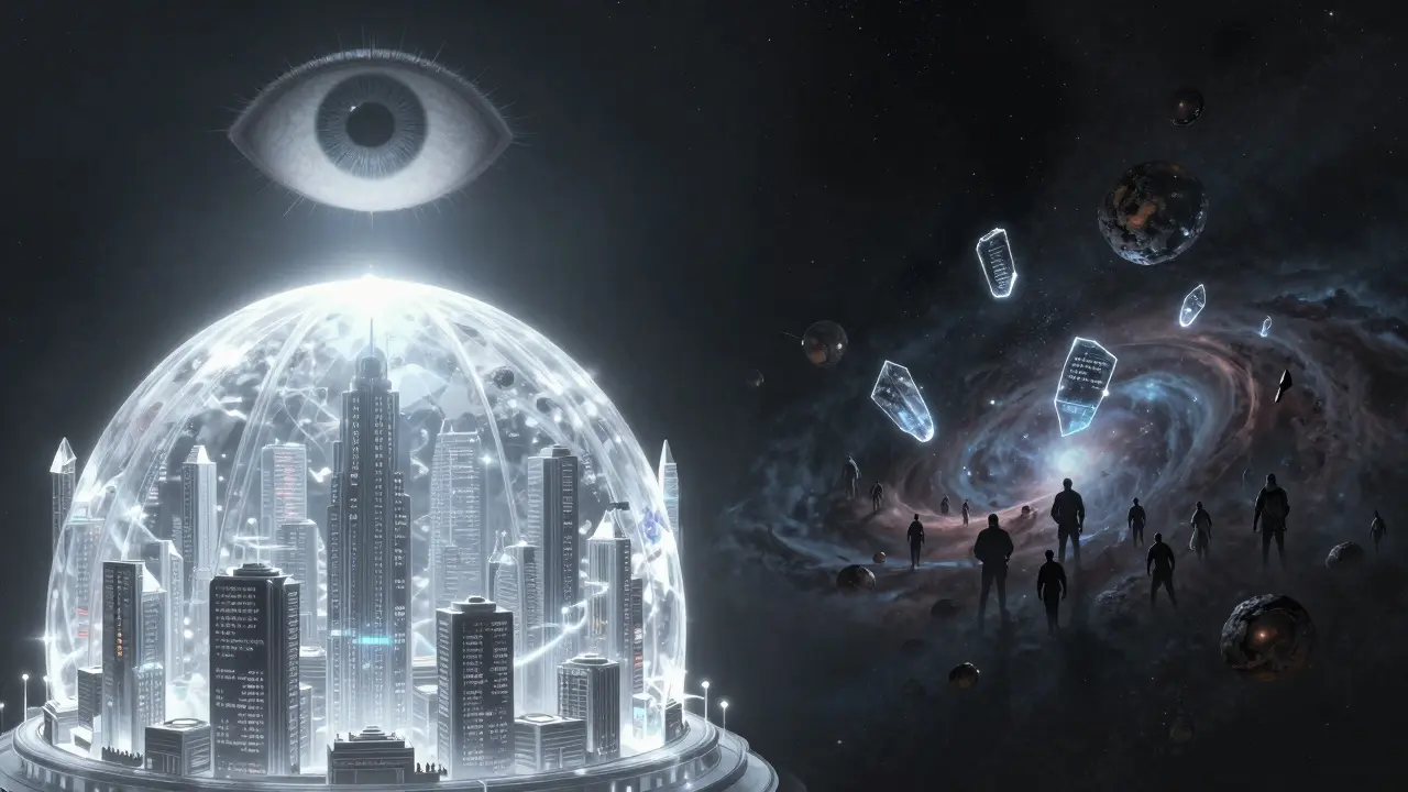 A split scene showing a surveilled crystalline city and a hidden asteroid colony