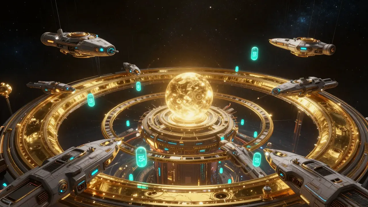 A sprawling intergalactic financial hub with liquid gold rings and sci-fi spacecraft.