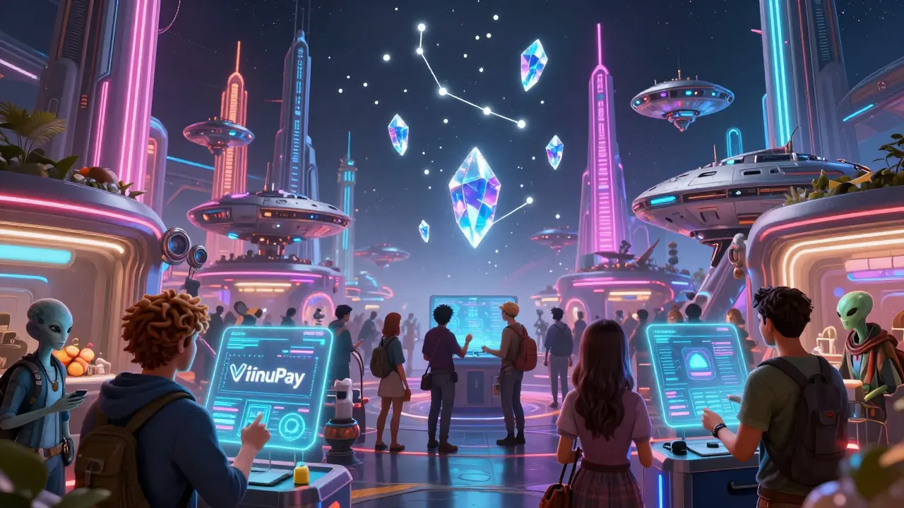 Alien merchants using holographic payment interfaces in a futuristic neon space market.