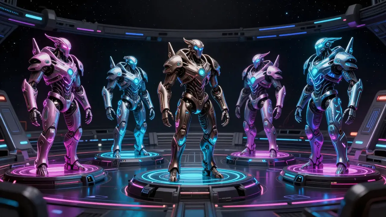 Bio-mechanical cosmic creatures in a holographic sci-fi arena.