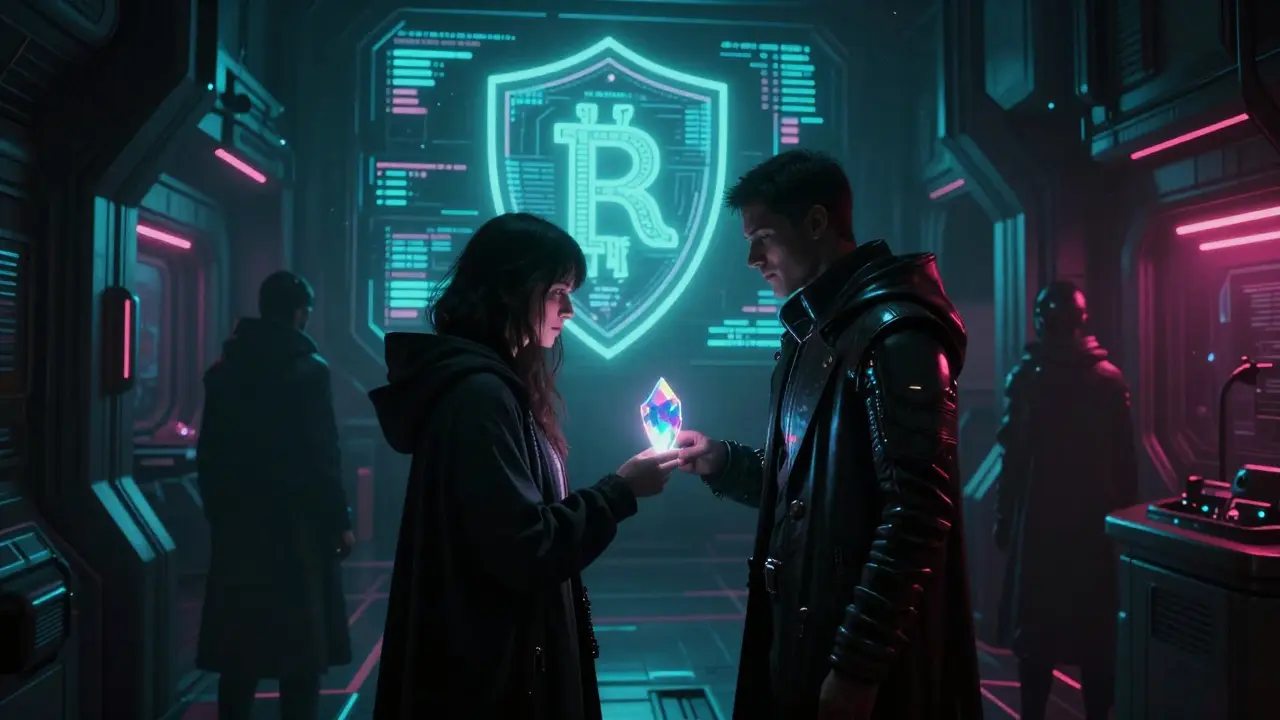 Cloaked figures exchanging digital gift cards in a dark, neon-lit space station corridor.