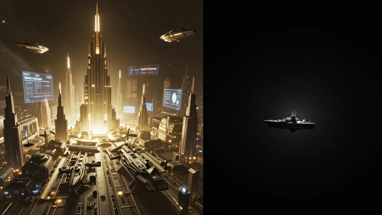 Comparison between a glowing galactic metropolis and a lonely, dim space outpost.