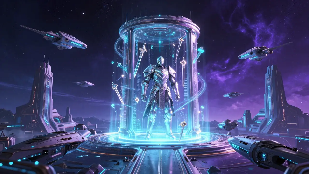 Cosmic digital sanctuary showcasing floating holographic gaming armor and weapons