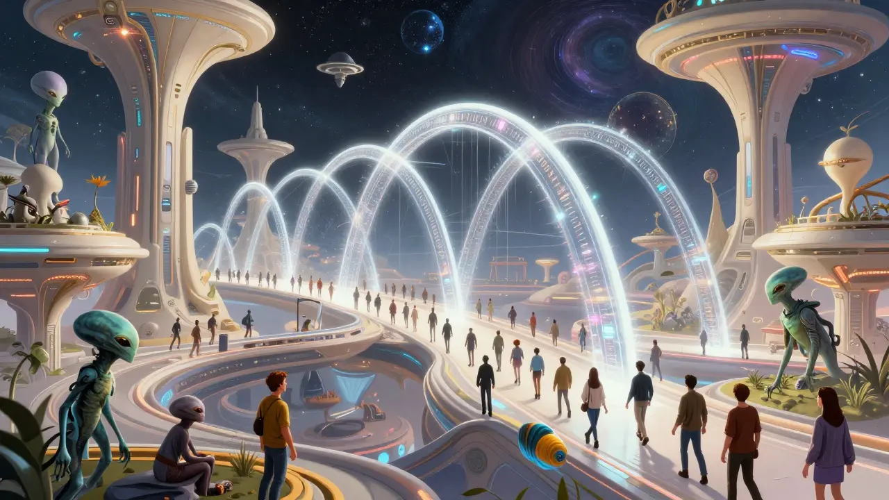 Diverse aliens passing through shimmering energy arches in a high-tech galactic trade hub.