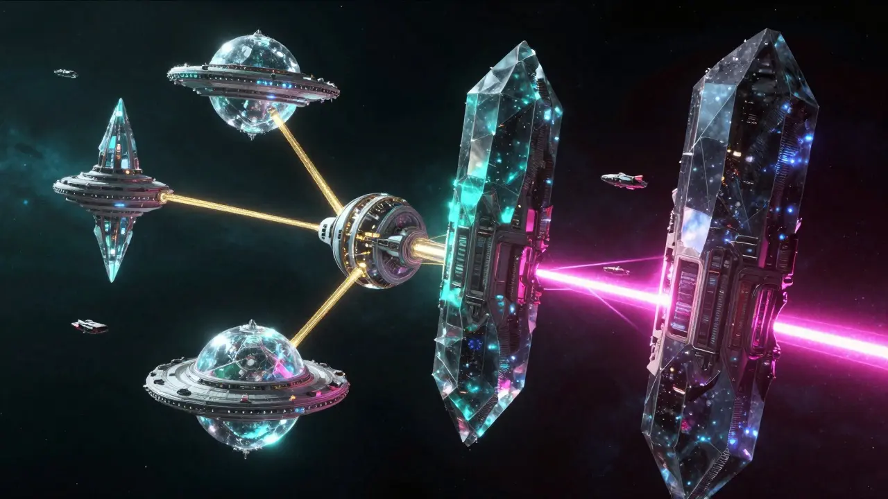 Floating crystalline space stations separated by obsidian energy shields in a dark nebula.