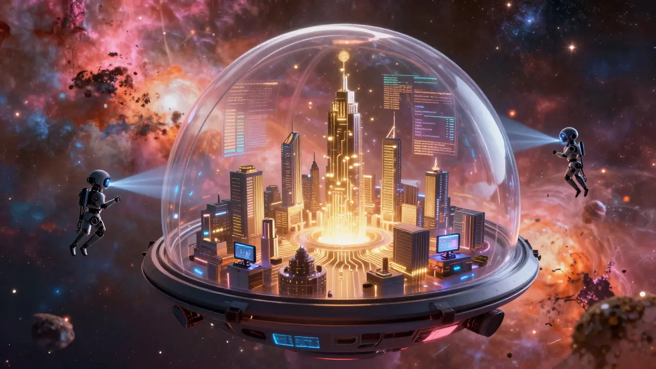 Floating translucent dome in space where high-tech financial systems are being tested.