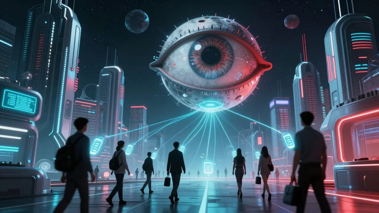 Futuristic city where citizens are connected to a giant hovering surveillance eye by glowing tethers.