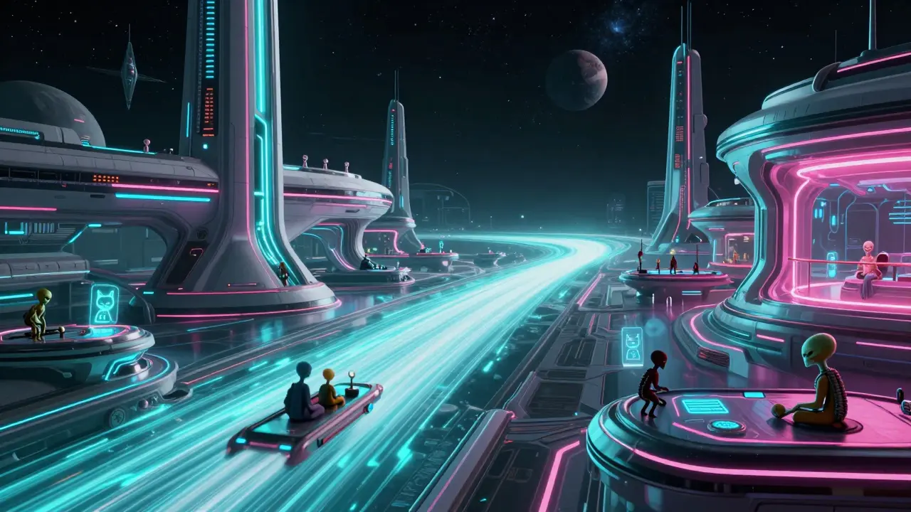 Futuristic galactic trading hub with holographic cats and energy streams.