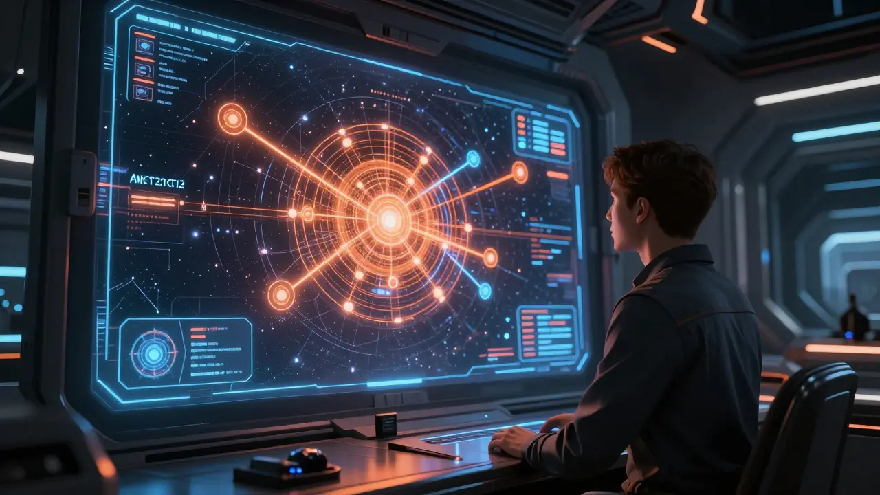 Futuristic navigator analyzing a 3D holographic blockchain map on a starship