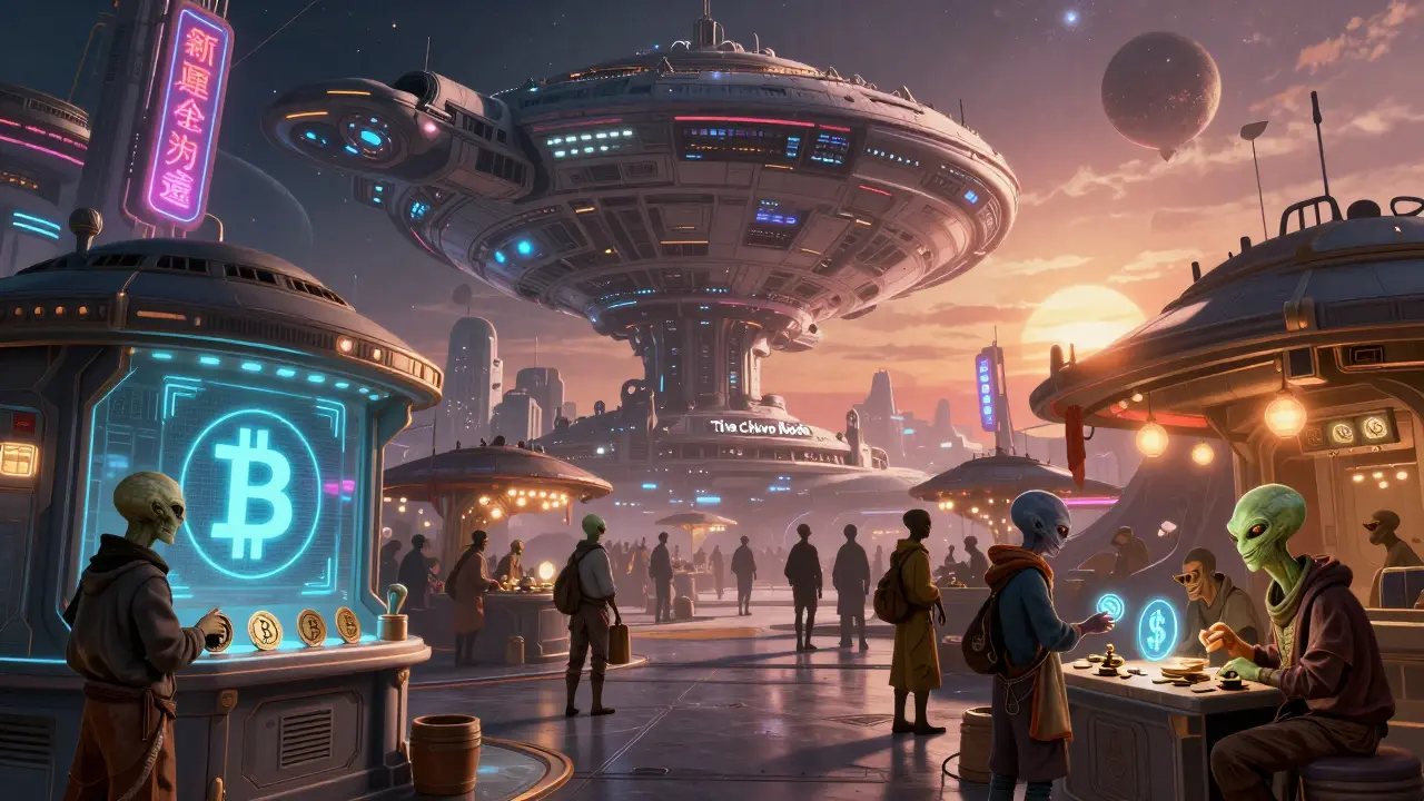 Galactic marketplace showing a tension between digital currency and plasma credits.