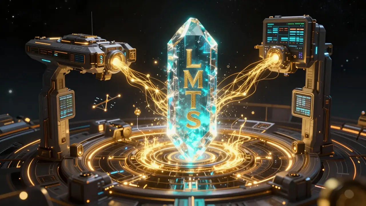 Glowing crystalline LMTS token core powering a massive starship in a sci-fi setting.