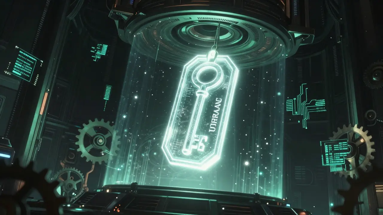 Glowing ethereal token suspended in a high-tech cosmic vault