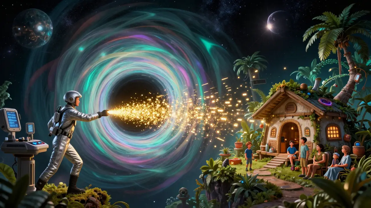 Golden data particles traveling through a wormhole between a space station and a jungle planet.