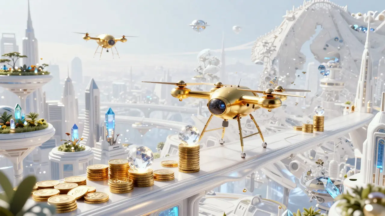 Golden drones replacing old data-crystals with glowing spheres in a high-tech galactic city.