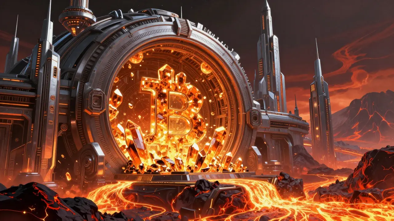 High-tech vault on a volcanic planet storing glowing Bitcoin energy crystals.