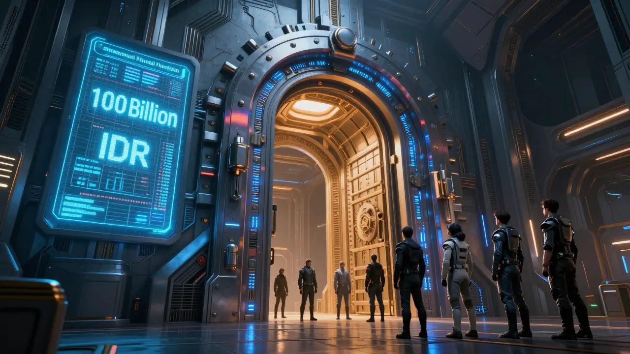 Huge sci-fi vault door with a holographic display of high capital requirements.