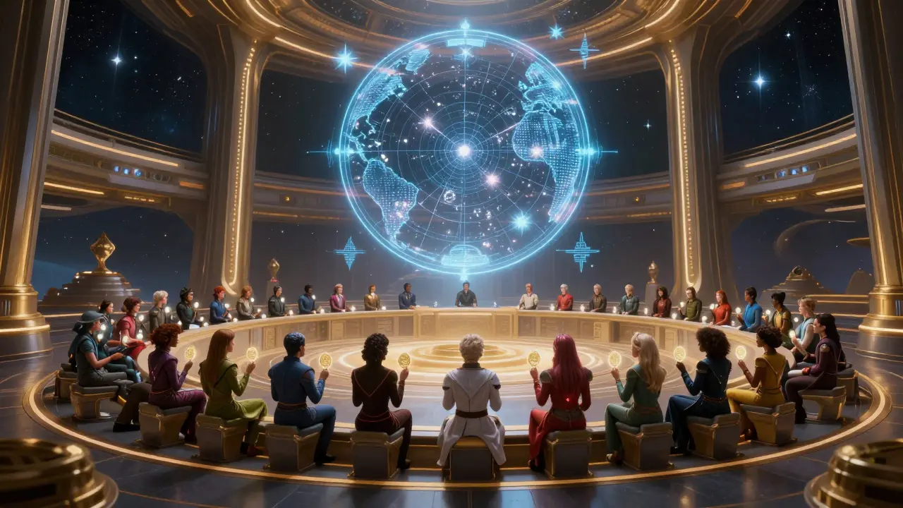 Intergalactic council of beings voting on a holographic star map in a grand chamber