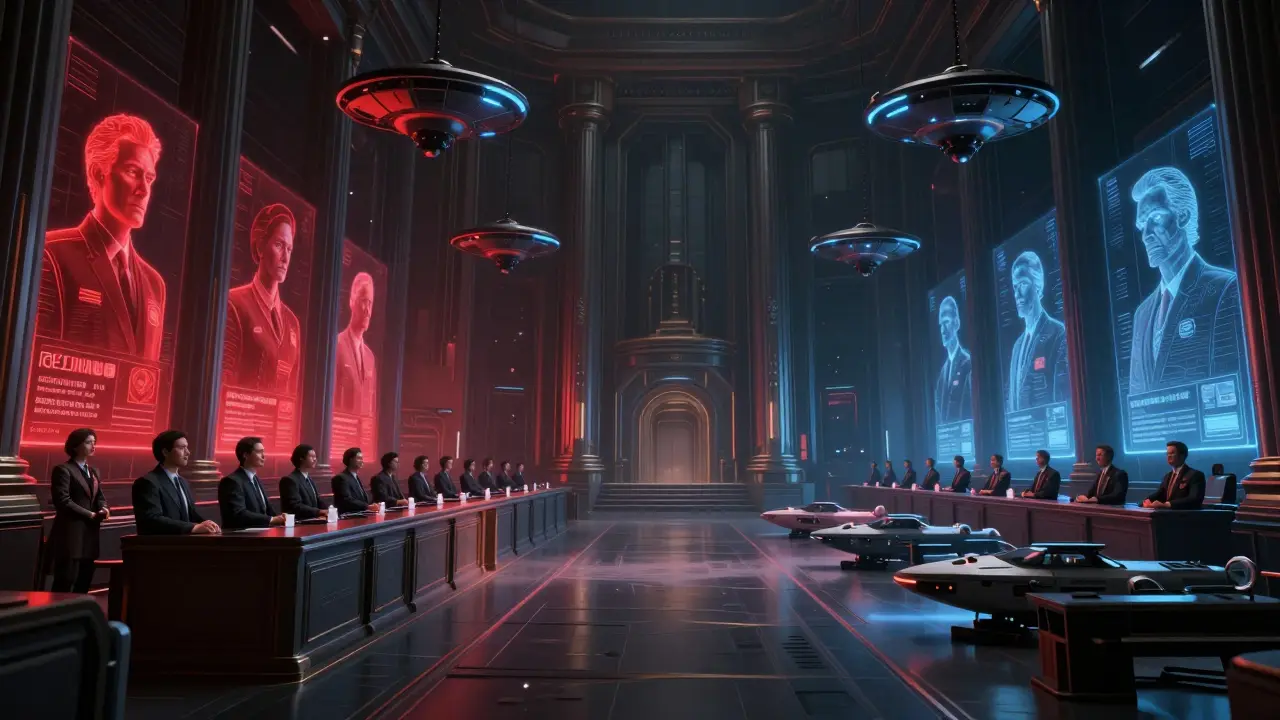 Intergalactic courtroom with holographic regulators and exploration ships in a dramatic space opera scene.