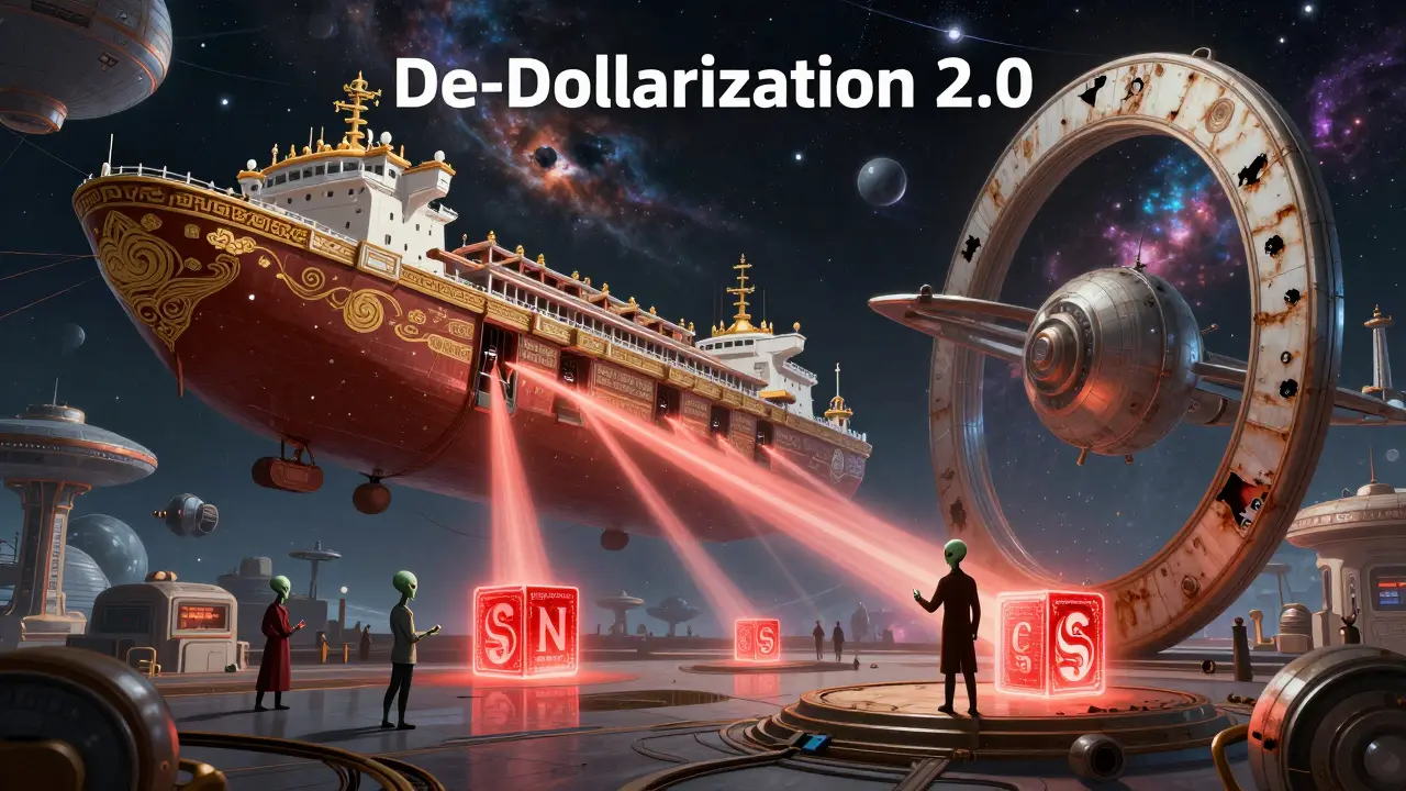 Intergalactic trade hub where crimson digital currency cubes are exchanged between massive starships.