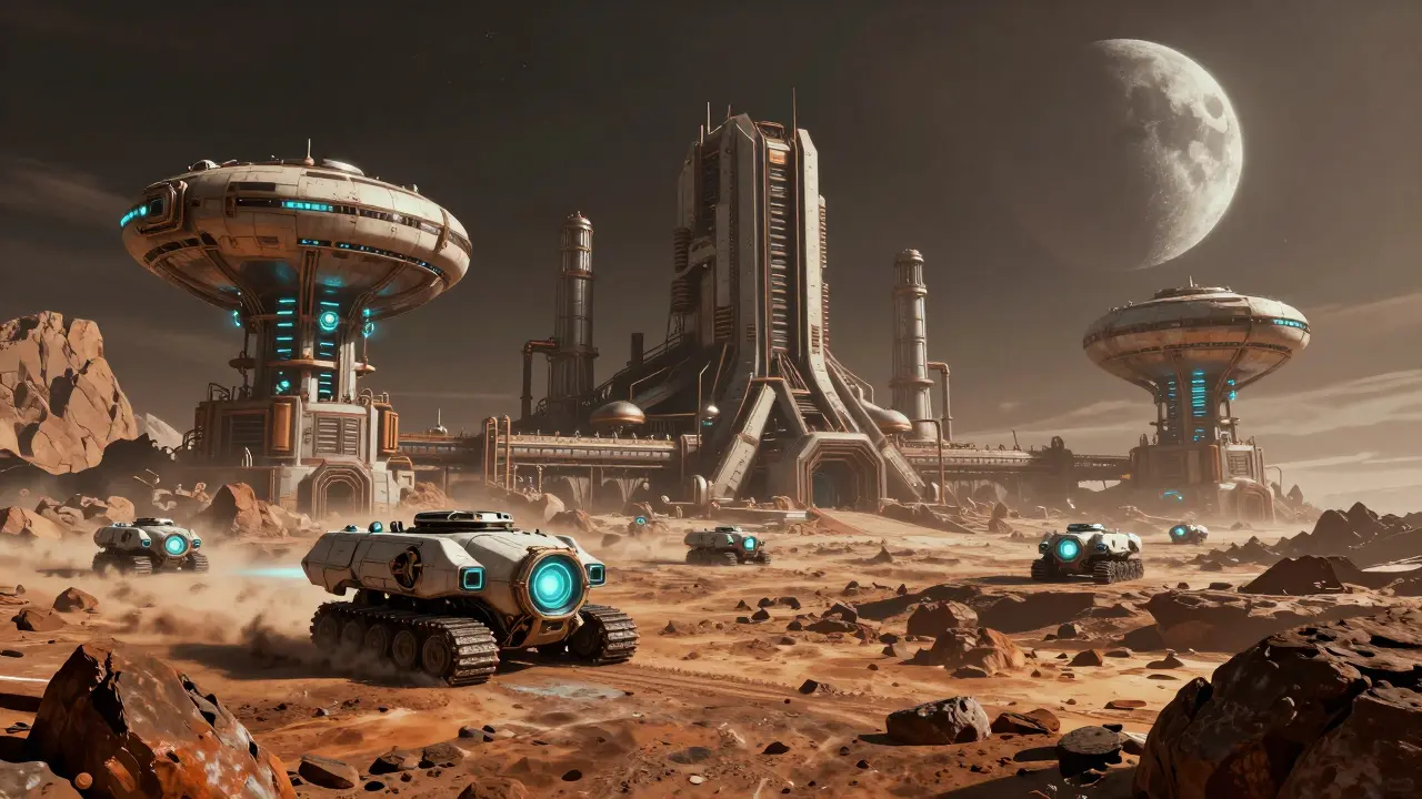 Massive armored tanks on the rugged, industrial landscape of planet Earth Zero