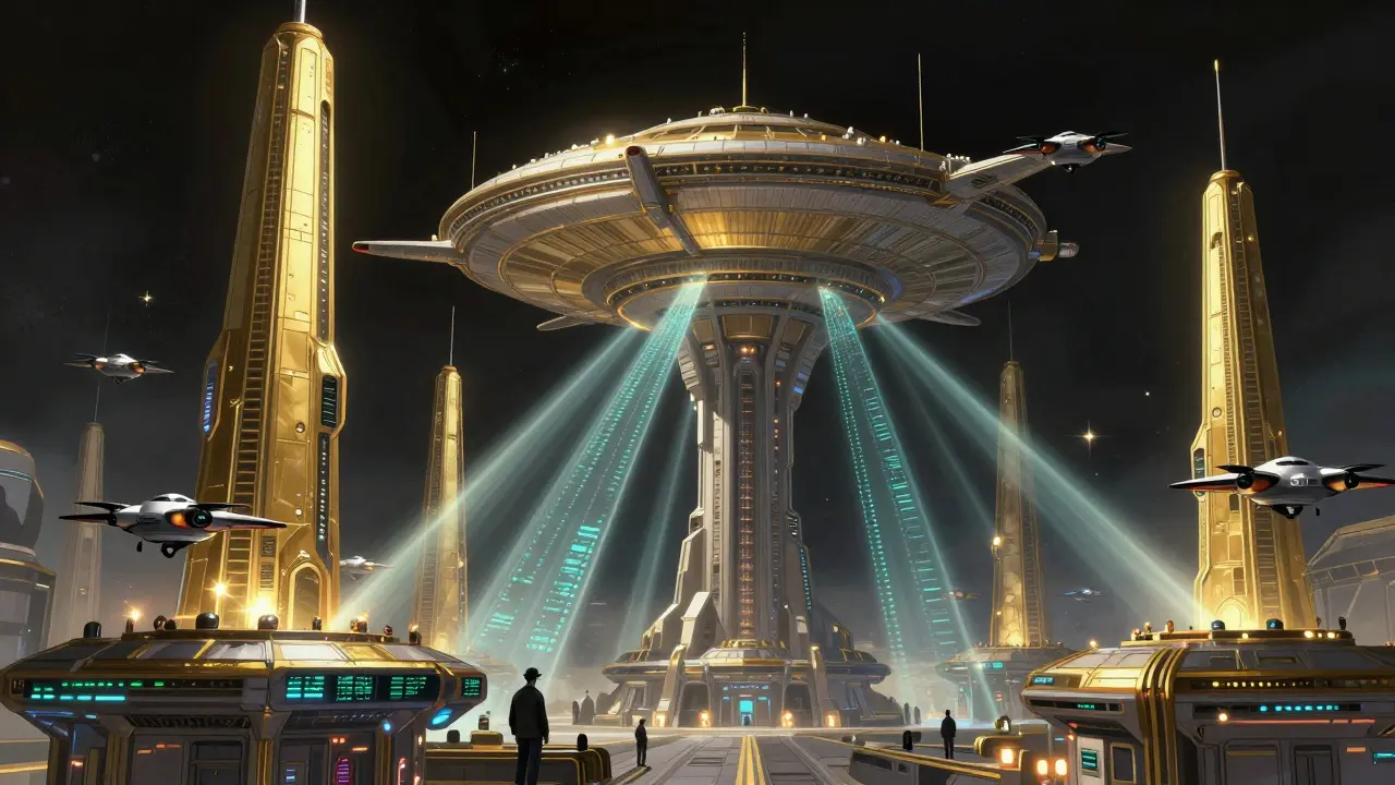 Massive regulatory space fortress scanning trade lanes for illegal payment transactions below.