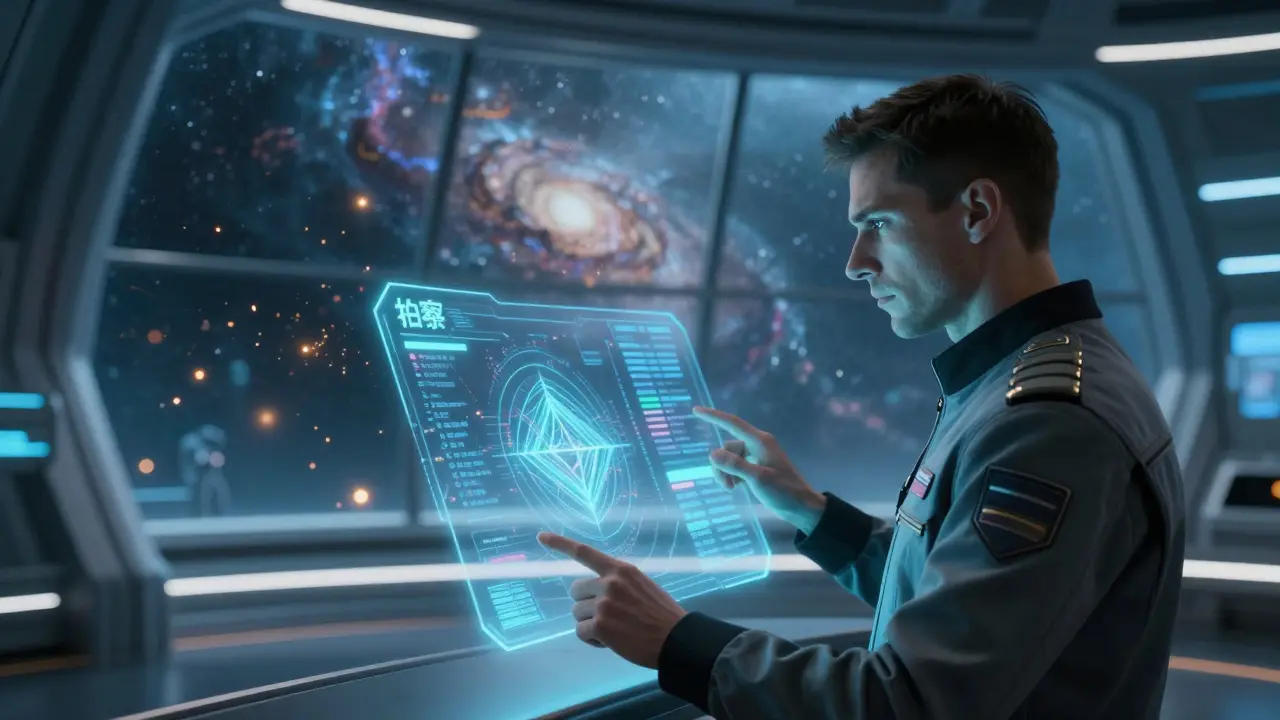 Pilot using a holographic interface to check eligibility at a space terminal