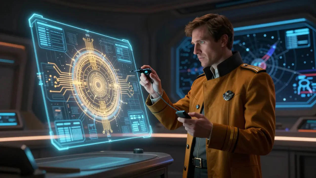 Sci-fi detective scanning a holographic blueprint in a dark command center.