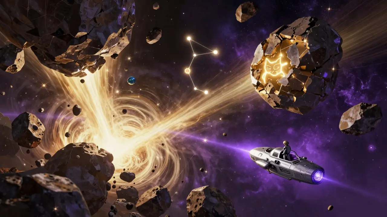 Space explorers navigating a volatile asteroid field toward a cat constellation.