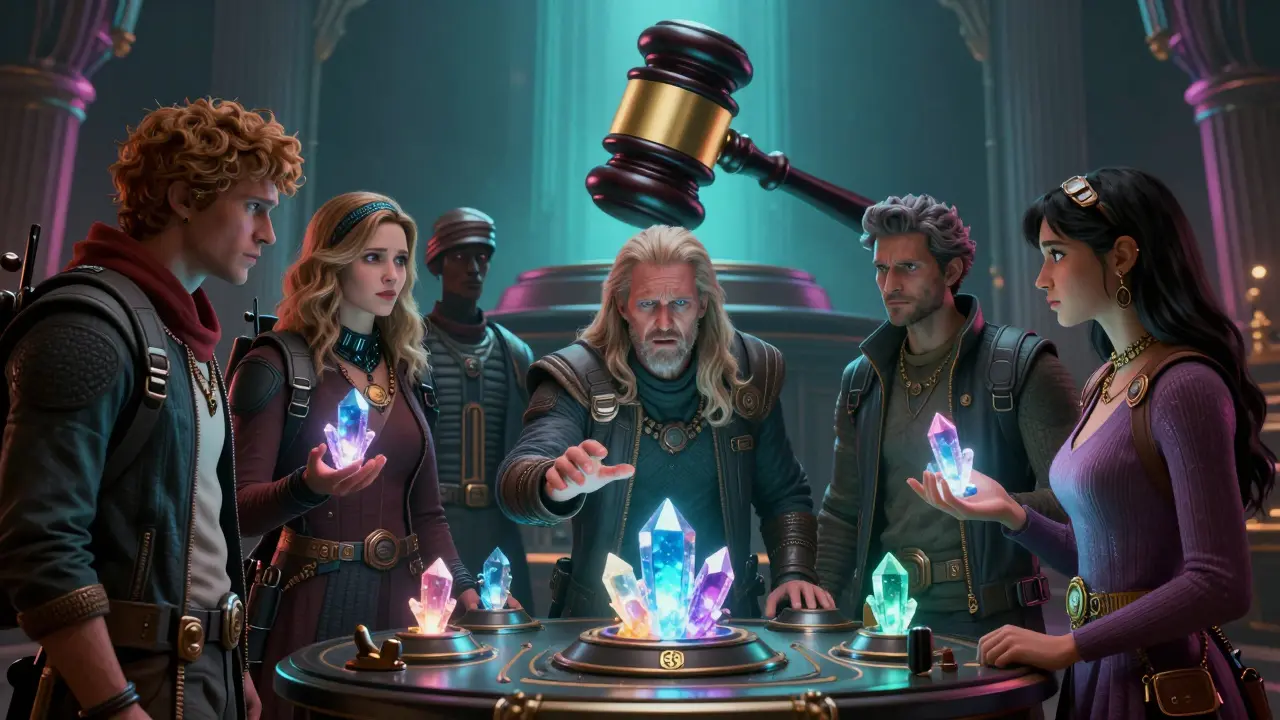 Traders converting crypto crystals to local credits near a floating legal gavel symbol.