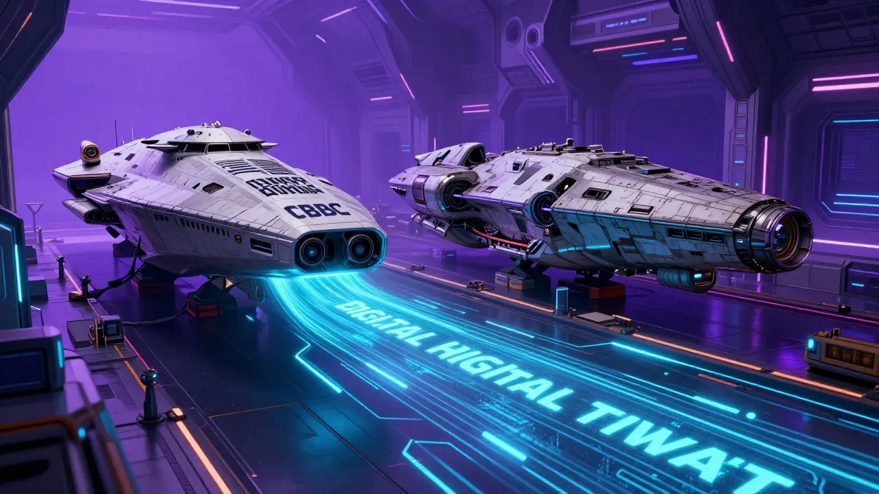 Two different starships connected by a glowing cyan digital data stream in space