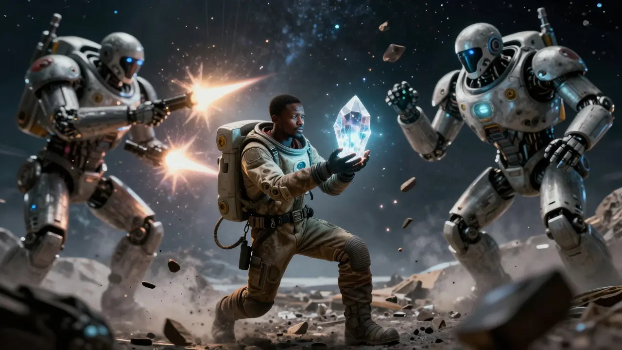 A lone trader dodging robotic enforcers while protecting a glowing crystal in zero gravity.