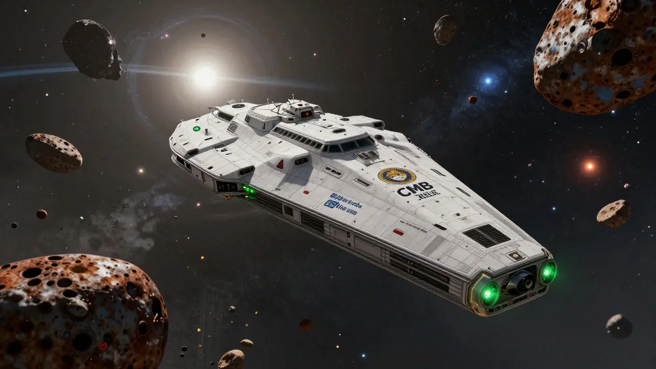A pristine licensed starship flying away from debris of destroyed ships, symbolizing legal compliance success.
