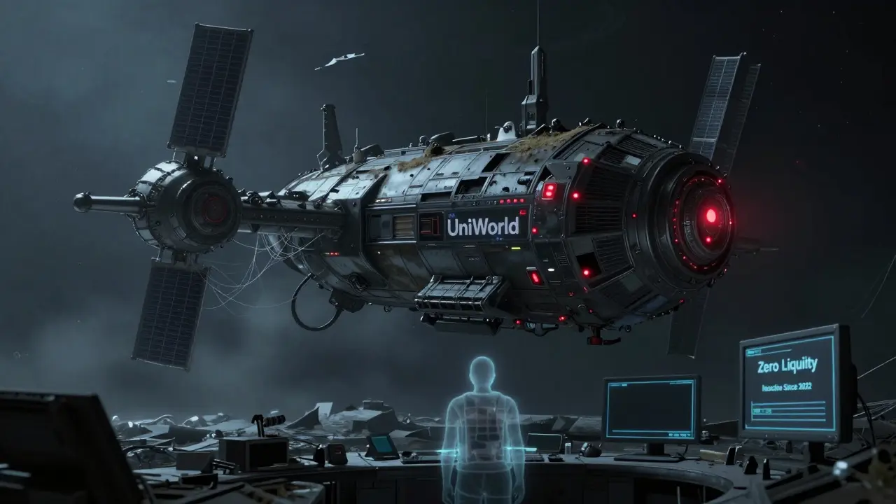 Abandoned space station with flickering lights symbolizing the inactive and dead state of UniWorld.