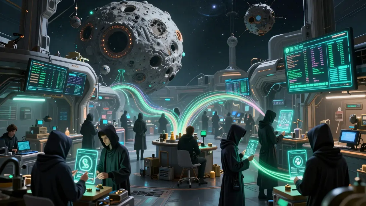 Anonymous traders exchanging light ribbons in a high-tech asteroid bazaar representing P2P markets.