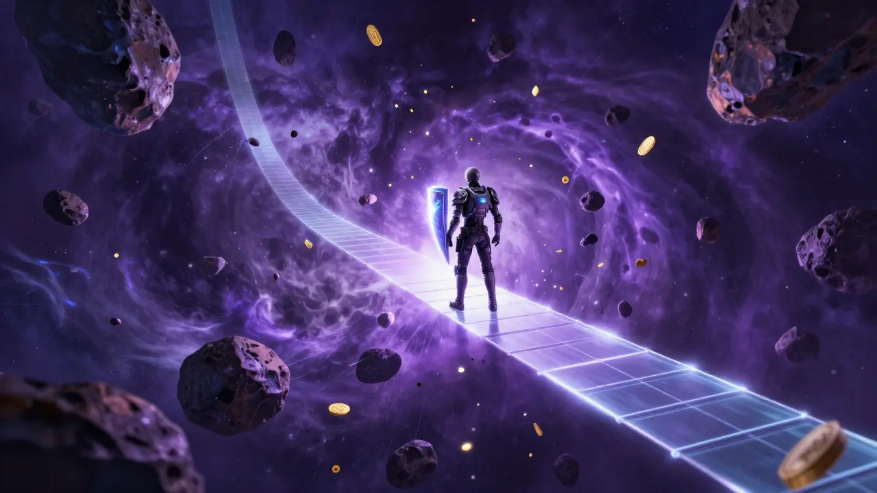 Armored trader on a light bridge collecting rewards during cosmic storm