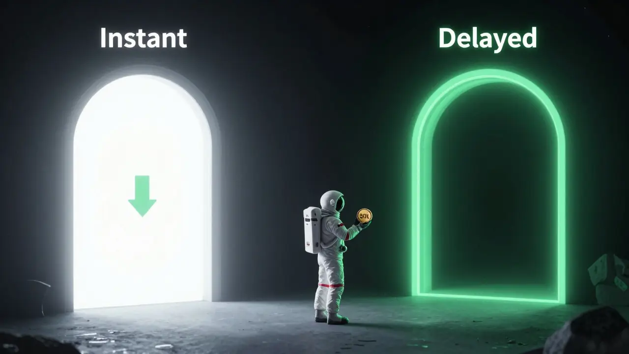 Astronaut choosing between instant and delayed unstaking portals in space