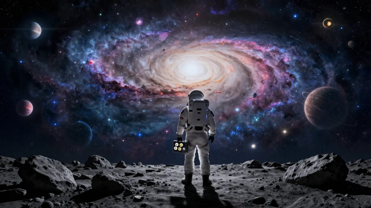 Astronaut with limited tools gazing at a vast, unreachable starry galaxy.