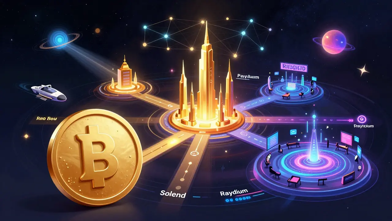 bSOL token connecting various DeFi protocols in a vibrant sci-fi network