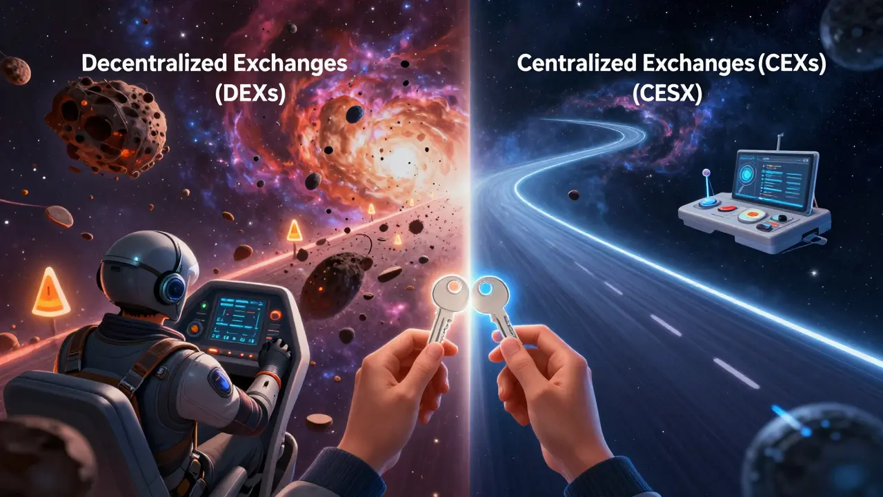 Cosmic split view showing chaotic DEX path vs smooth CEX hyperspace lane.
